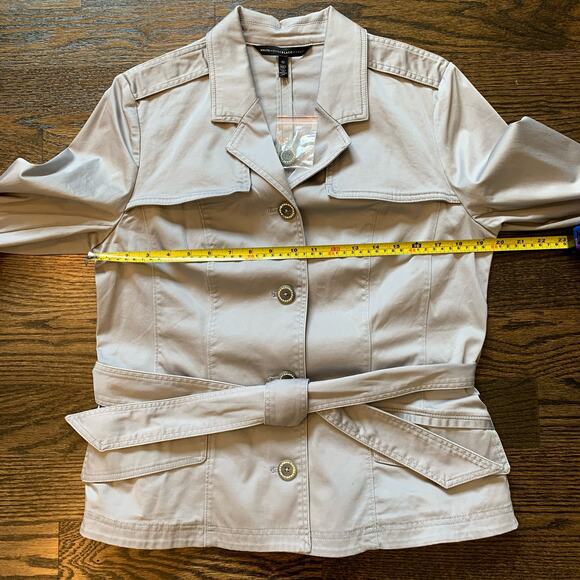 WHBM grey short trench belted jacket crystal buttons size 12 NEW - Picture 7 of 16